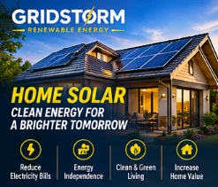 GridStorm home solar campaign showing rooftop panels and household benefits